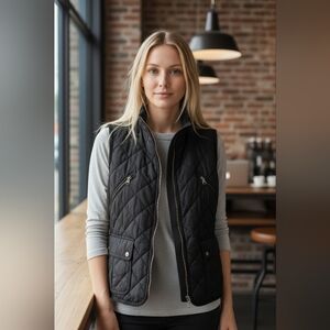 Lauren Ralph Lauren Black Quilted Vest Double Zipper Silver Size Medium